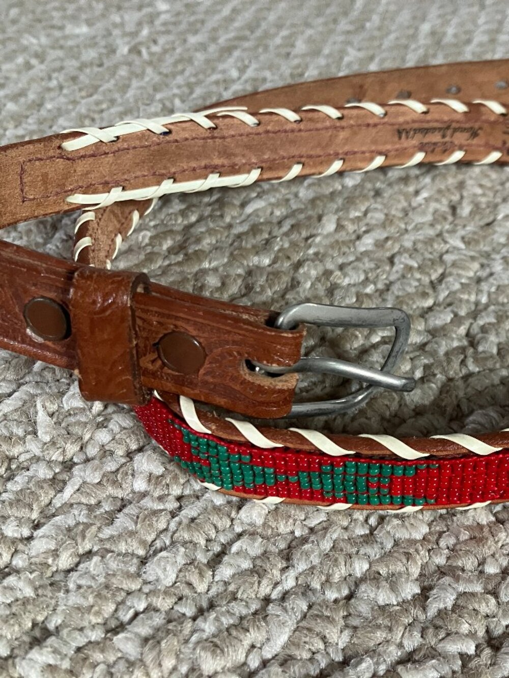 vtg Native American Full Grain Cowhide Leather Belt 32" Hand Beaded